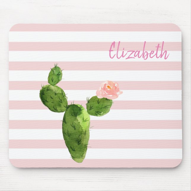 Adorable Watercolor Cactus, Stripes -Personalized Mouse Pad (Front)