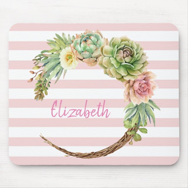 Adorable Watercolor Cactus,Succulent Stripes Mouse Pad (Front)