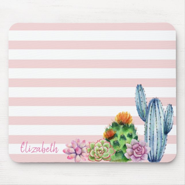 Adorable Watercolor Cactus,Succulent Stripes  Mouse Pad (Front)