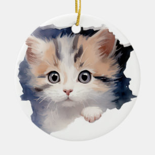 ADORABLE WATERCOLOR CALICO KITTEN FACE CERAMIC ORNAMENT
