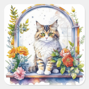 Adorable Watercolor Cat in Floral Window Square Sticker