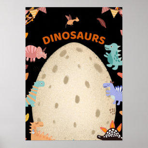 Adorable Watercolor Dinosaurs with Large Dino Egg Poster