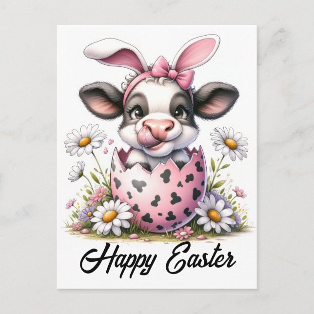 Adorable Watercolor Easter Cow in Egg  Postcard (Front)