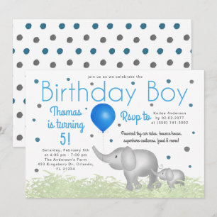Adorable Watercolor Elephants Boy Birthday Party Invitation