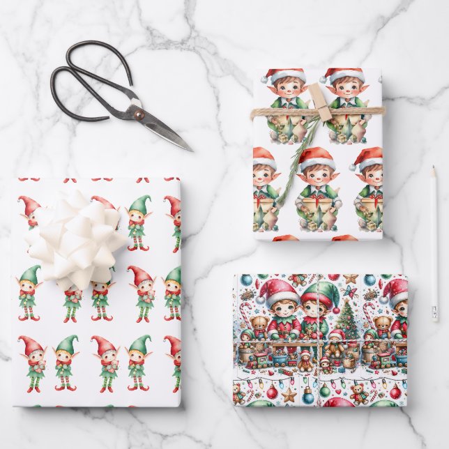 Adorable Watercolor Elves Christmas Wrapping Paper Sheet (Front)