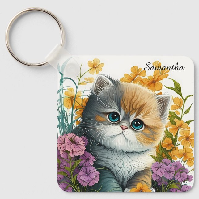 Adorable Watercolor Exotic Shorthair Kitten Keychain (Front)