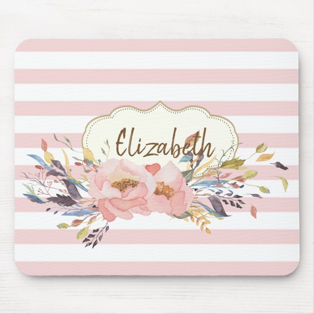 Adorable Watercolor Flowers,Stripes -Personalized Mouse Pad (Front)