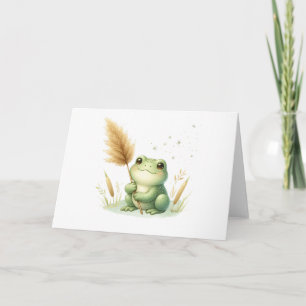 Adorable Watercolor Frog with Pampas Grass Blank Card