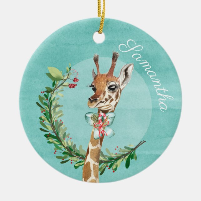 Adorable Watercolor Giraffe Personalized Ceramic Ornament (Front)