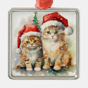 ADORABLE WATERCOLOR HOLIDAY ORANGE TABBY KITTENS METAL ORNAMENT