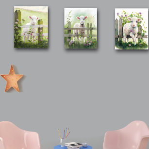 Adorable Watercolor Lamb Pasture Fence Flowers Wall Decal
