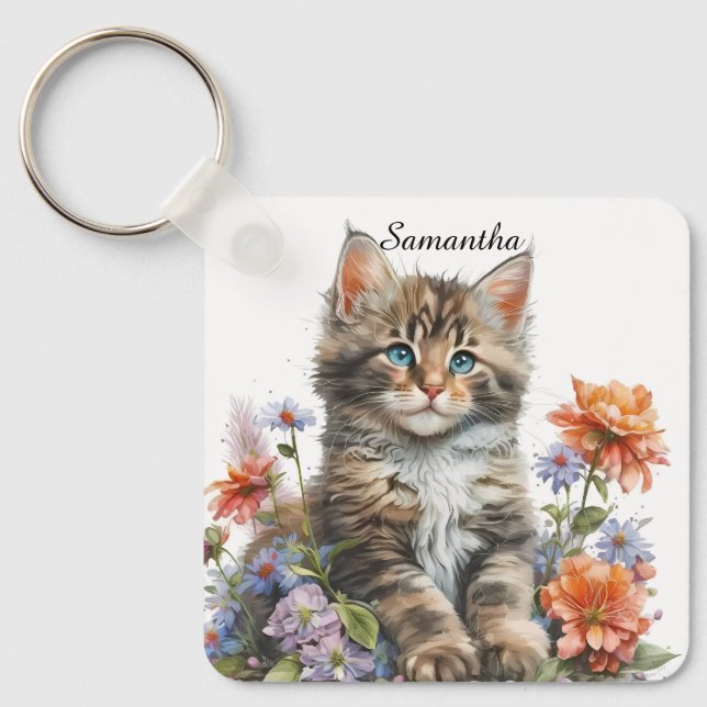 Adorable Watercolor Maine Coon Kitten Keychain (Front)