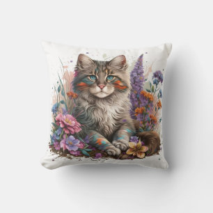 Adorable Watercolor Maine Coon Kittens Print Throw Pillow