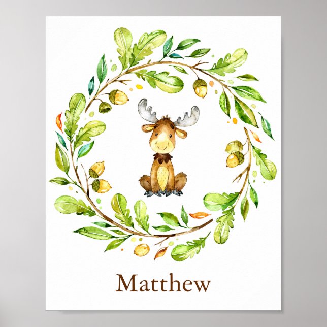 Adorable Watercolor Moose Nursery Art Poster (Front)