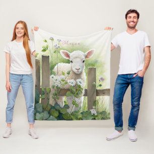 Adorable Watercolor Painting Lamb White Flowers Fleece Blanket