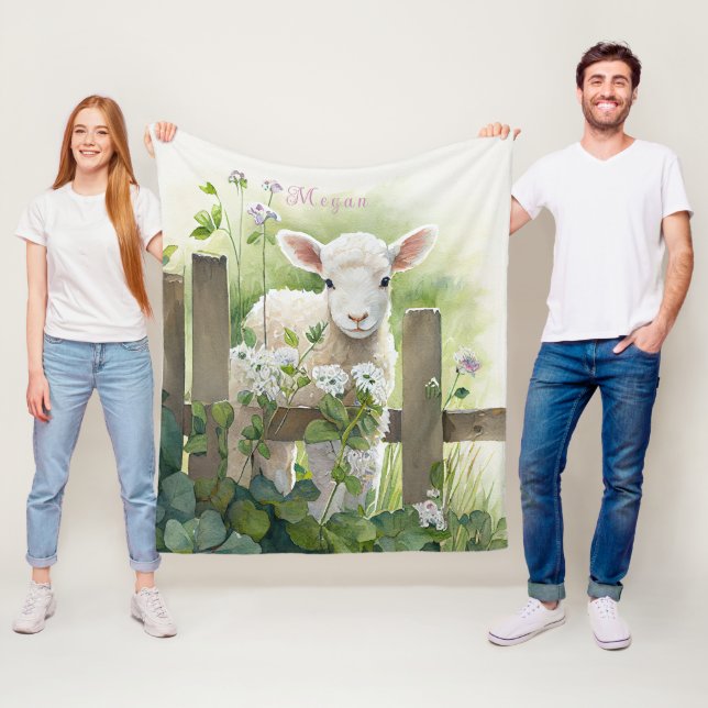 Adorable Watercolor Painting Lamb White Flowers Fleece Blanket (In Situ)