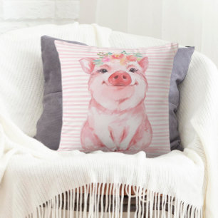 Adorable Watercolor Pig Throw Pillow