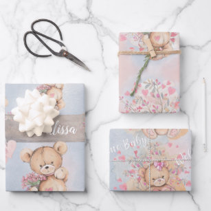 Adorable Watercolor Pink Teddy Bears and Flowers Wrapping Paper Sheet