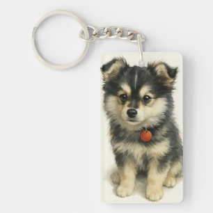 Adorable Watercolor Pomchi Puppy Portrait Keychain