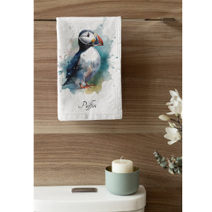 Adorable Watercolor Puffin, custom Bath Towel Set