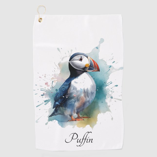 Adorable Watercolor Puffin, custom Golf Towel (Front)