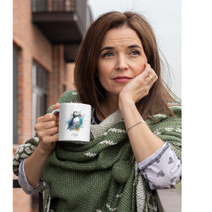 Adorable Watercolor Puffin, custom Two-Tone Coffee Mug