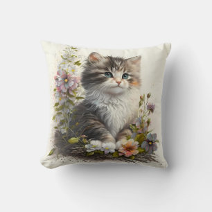 Adorable Watercolor Ragamuffin Kittens Print Throw Pillow