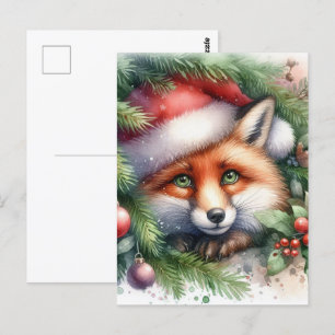 Adorable Watercolor Red Fox Christmas Postcard