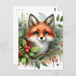 Adorable Watercolor Red Fox Postcard