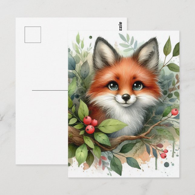 Adorable Watercolor Red Fox Postcard (Front/Back)
