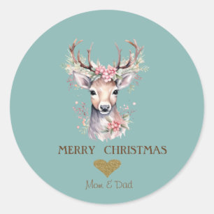 Adorable Watercolor Reindeer Holly Berry,Heart Classic Round Sticker