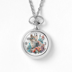Adorable Watercolor Siberian Kitten Print Watch