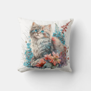 Adorable Watercolor Siberian Kittens Print Throw Pillow