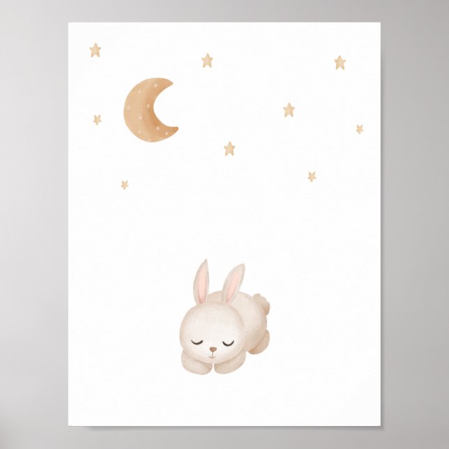Adorable Watercolor Sleeping Rabbit Moon And Stars Poster (Front)