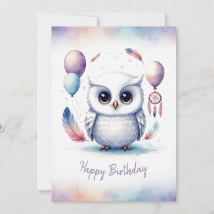 Adorable Watercolor Snowy Owl Happy Birthday Holiday Card