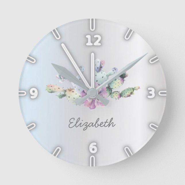 Adorable Watercolor Succulent Cactus, Silver  Round Clock (Front)