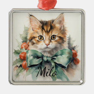 ADORABLE WATERCOLOR TABBY KITTEN WITH GREEN BOW METAL ORNAMENT