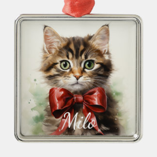 ADORABLE WATERCOLOR TABBY KITTEN WITH RED BOW METAL ORNAMENT