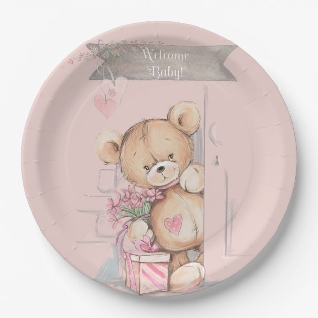 Adorable Watercolor Teddy Bear Baby Shower Paper Plate (Front)