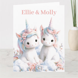 Adorable Watercolor Twin Baby Unicorns on a Cloud Card