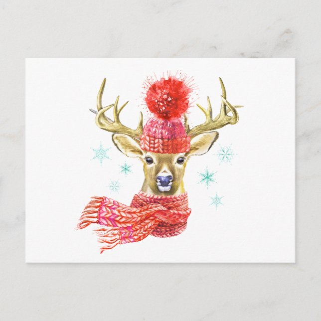 Adorable Watercolor Winter Deer Postcard (Front)
