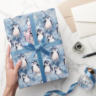 Adorable Watercolor Winter Penguin Pattern Wrapping Paper