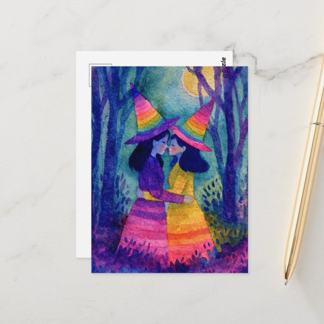 Adorable Watercolor Witches in Rainbow Witch Hats Postcard (Front/Back In Situ)