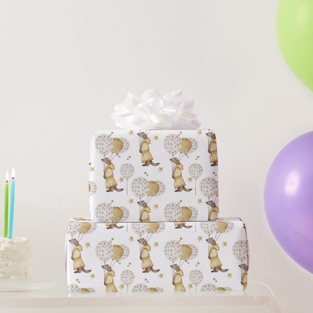Adorable Weasel Dressed in Yellow, Balloons Wrapping Paper (Party Gifts)
