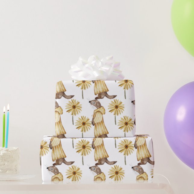 Adorable Weasel Dressed in Yellow W/Yellow Flowers Wrapping Paper (Party Gifts)