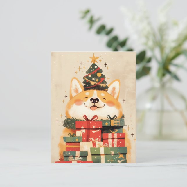Adorable Welsh Corgi with Christmas Gifts Holiday Postcard (Standing Front)