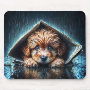 Adorable wet puppy under newspaper shelter mouse pad