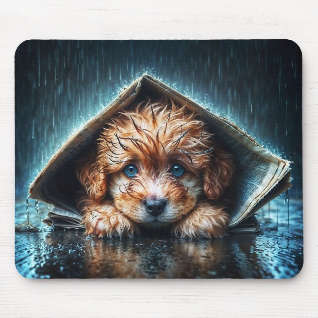 Adorable wet puppy under newspaper shelter  mouse pad (Front)