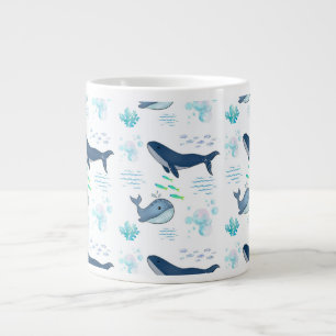 Adorable Whale and Fish Watercolor Design Large Coffee Mug
