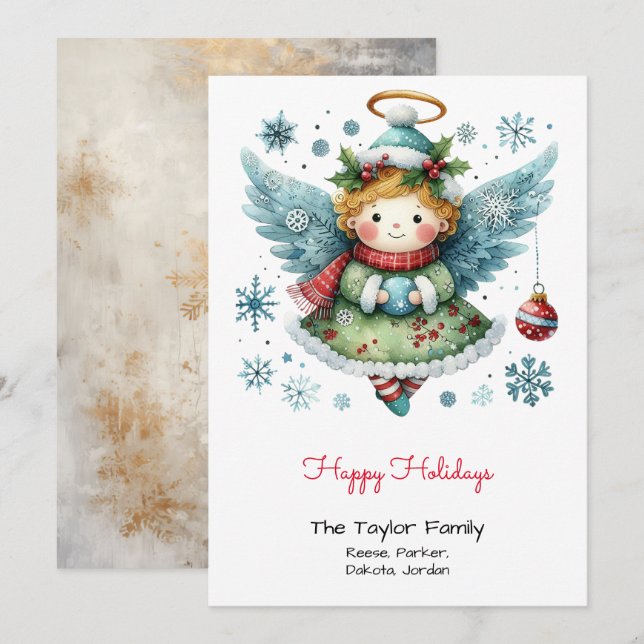 Adorable Whimsical Angel Illustration Happy  Holiday Card (Front/Back)
